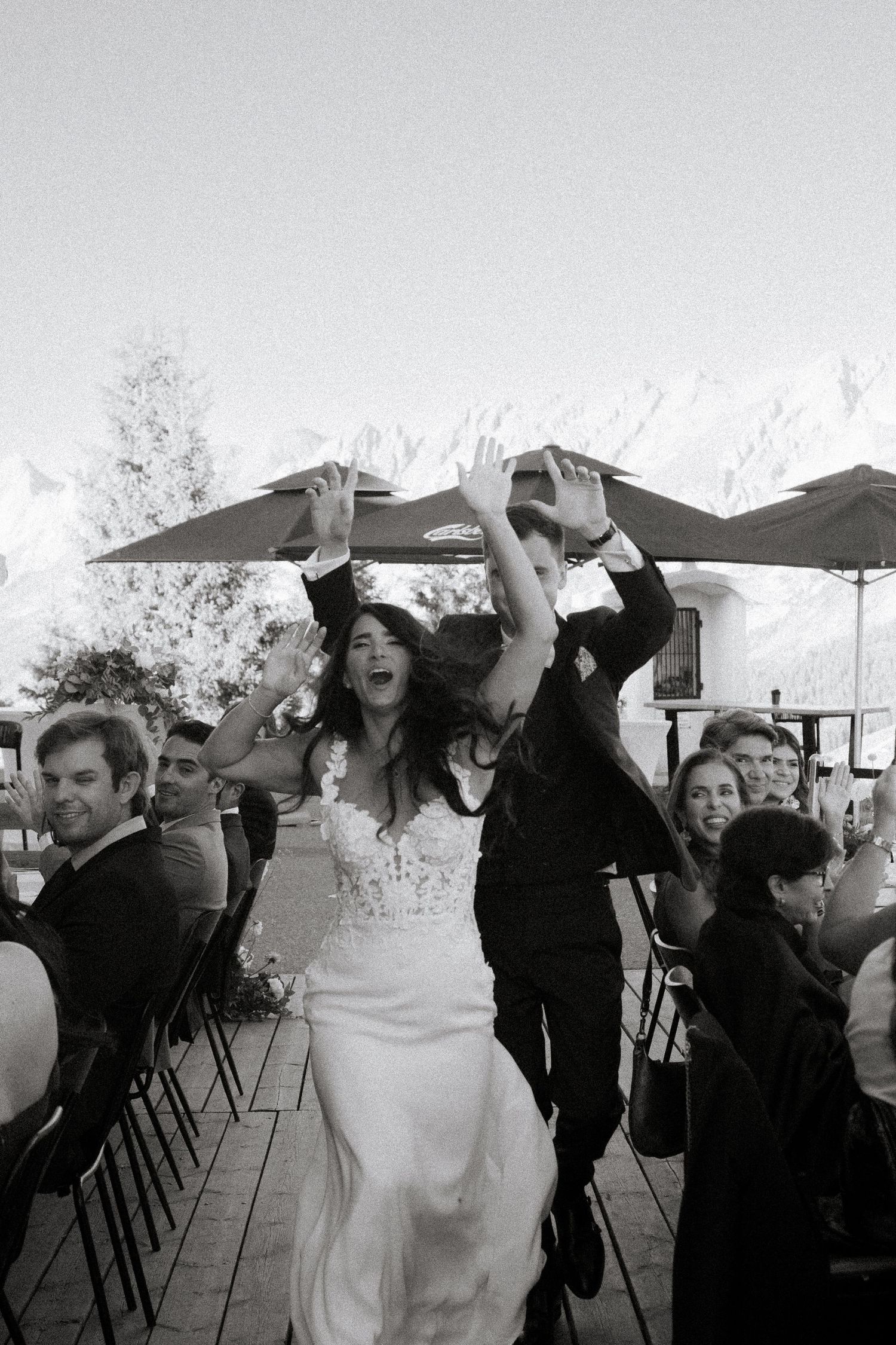 Morzine Wedding Photographer captures epic sunset wedding dinner in La Clusaz Wedding venue. French Alps, Mountain Wedding photographer.