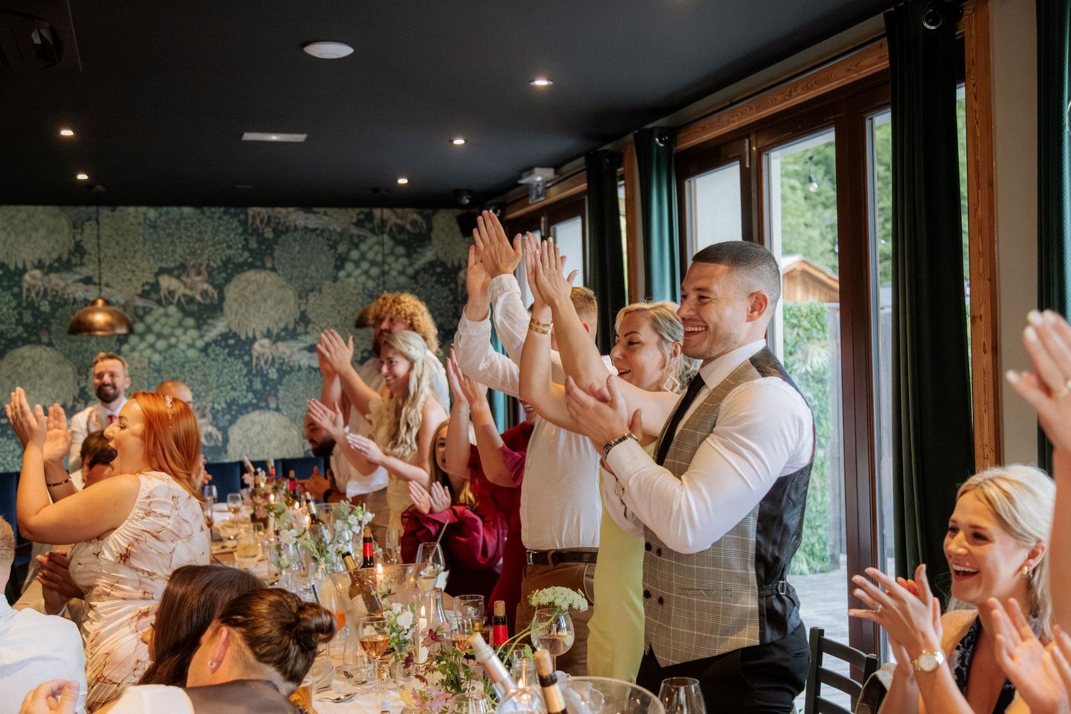 Morzine Wedding photographer captures beautiful wedding dinner photos on Lac Montriond.Candid timeless documentary style photography.