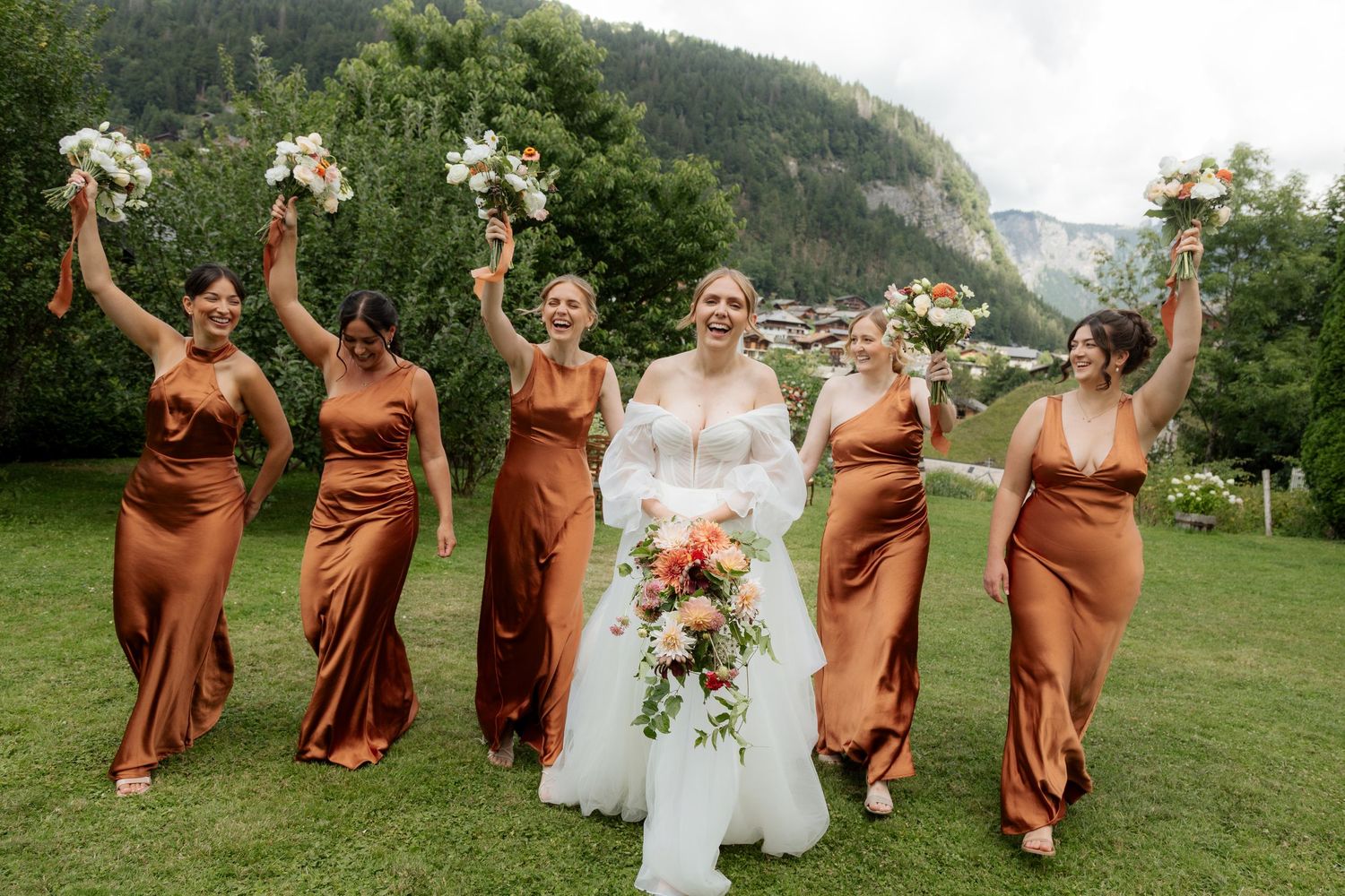 bride and bridesmaids captured by a wedding photogrpaher in Morzine. French Alps wedding photographer. Frecnh wedding venue