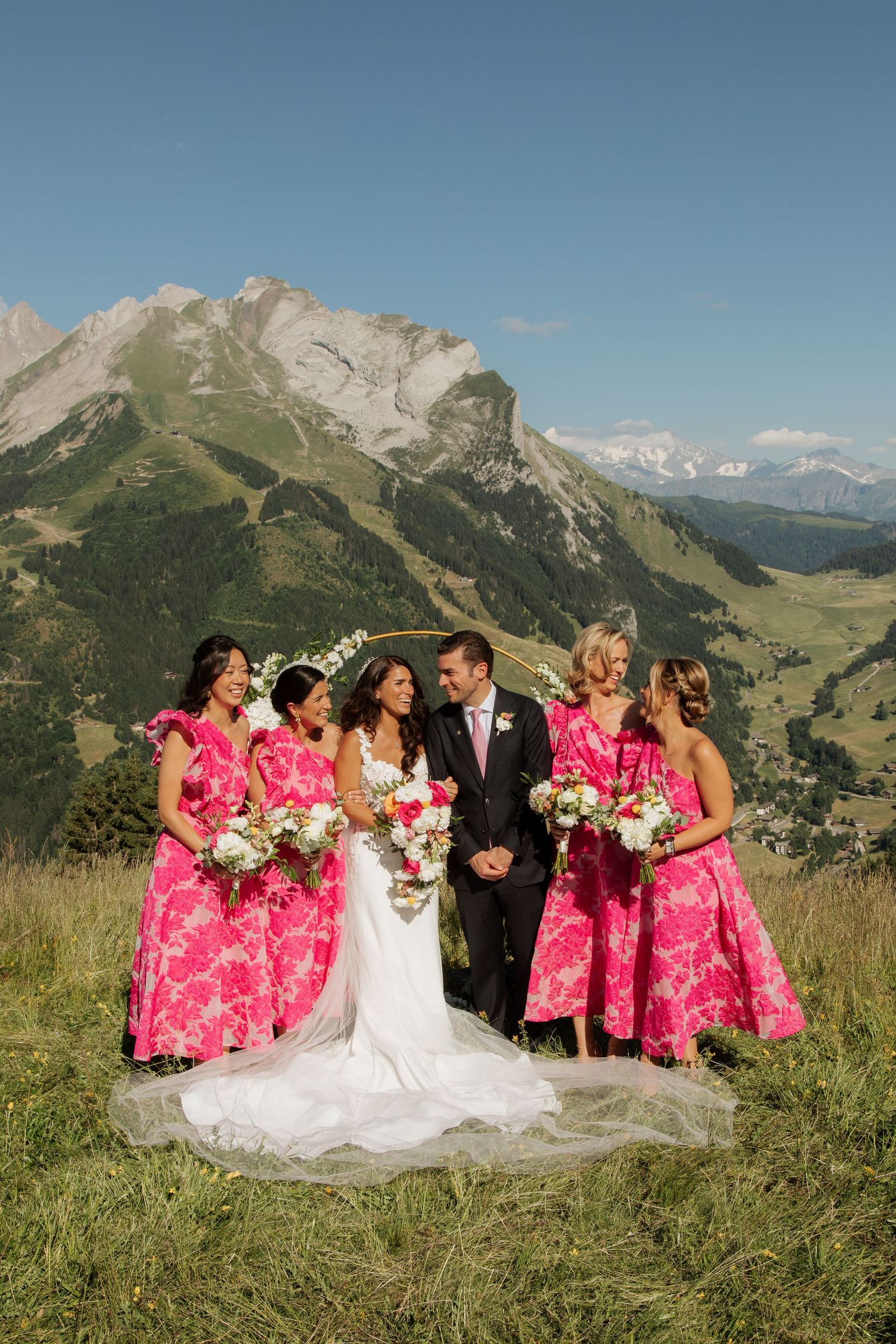 Morzine Wedding Photographer captures bride and groom photos in La Clusaz Wedding venue. French Mountain Wedding photographer. Outdoor Bride
