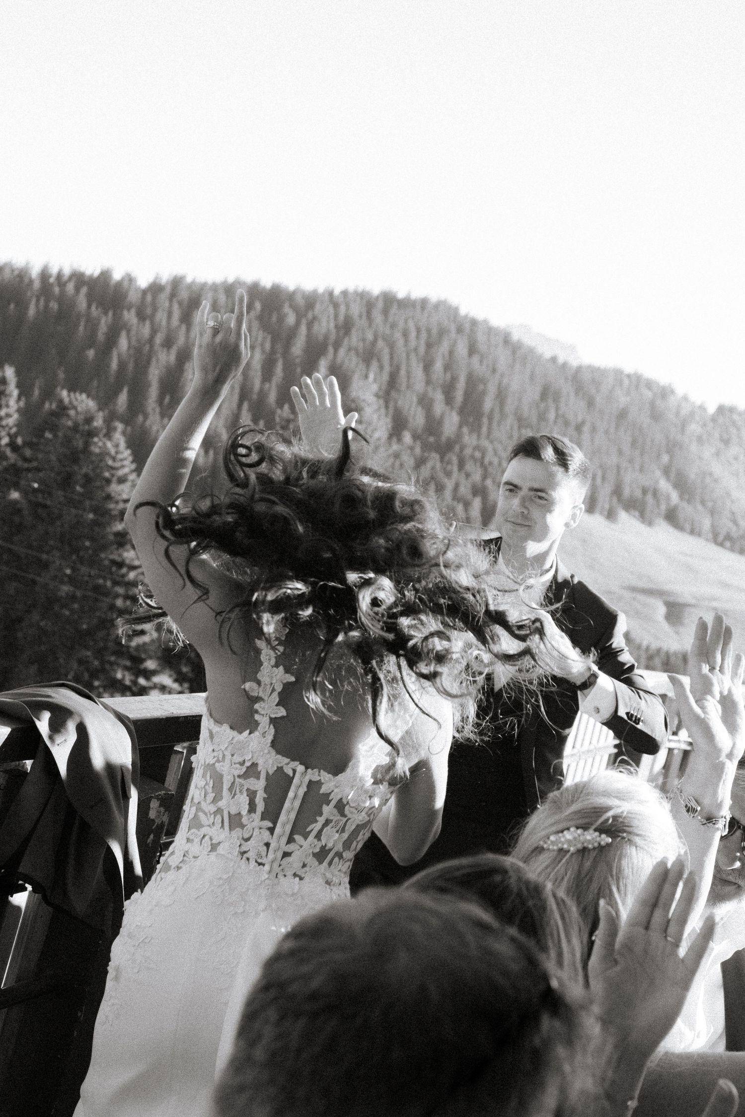 Morzine Wedding Photographer captures epic sunset wedding dinner in La Clusaz Wedding venue. French Alps, Mountain Wedding photographer.