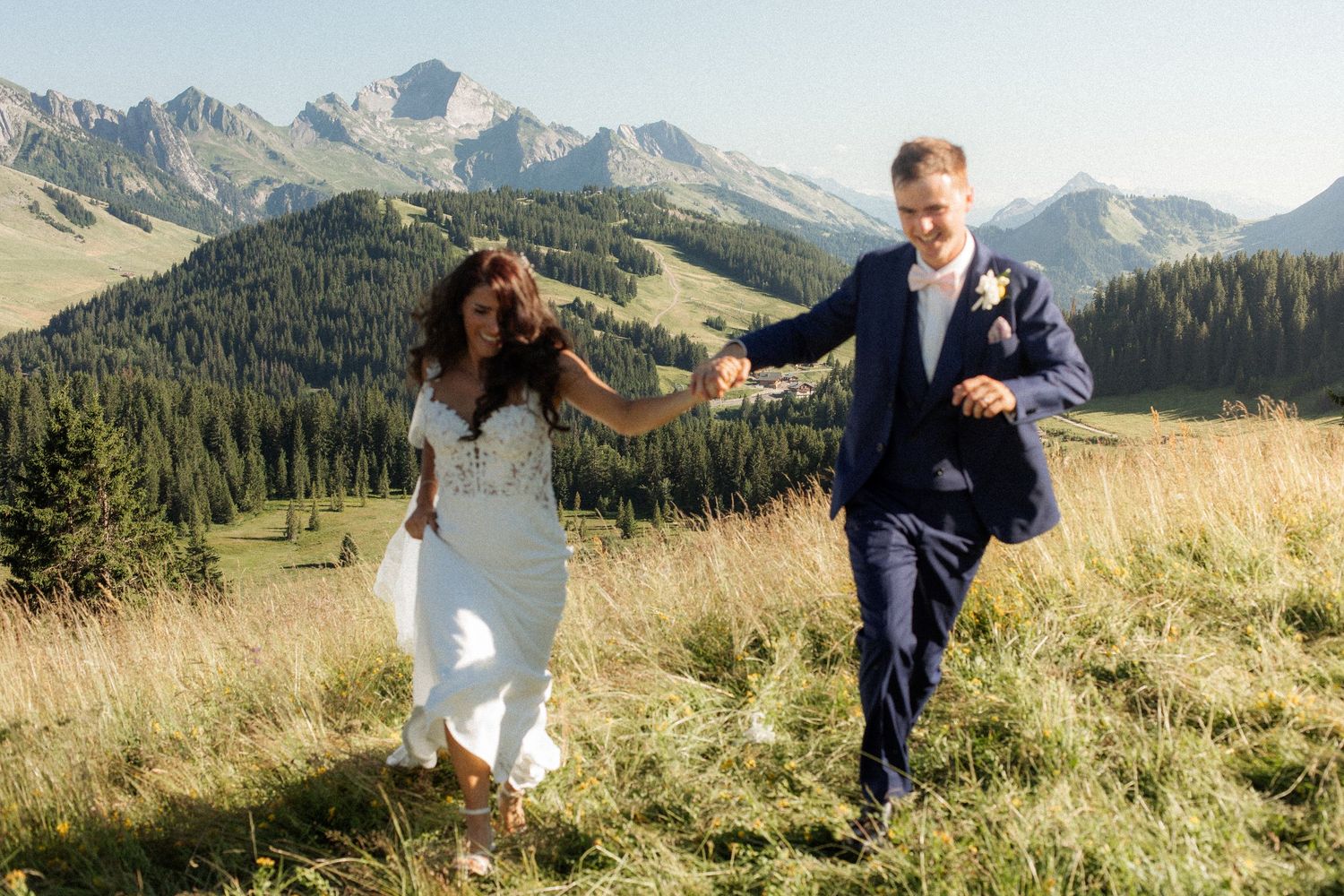 Morzine Wedding Photographer captures bride and groom photos in La Clusaz Wedding venue. French Mountain Wedding photographer. Outdoor Bride