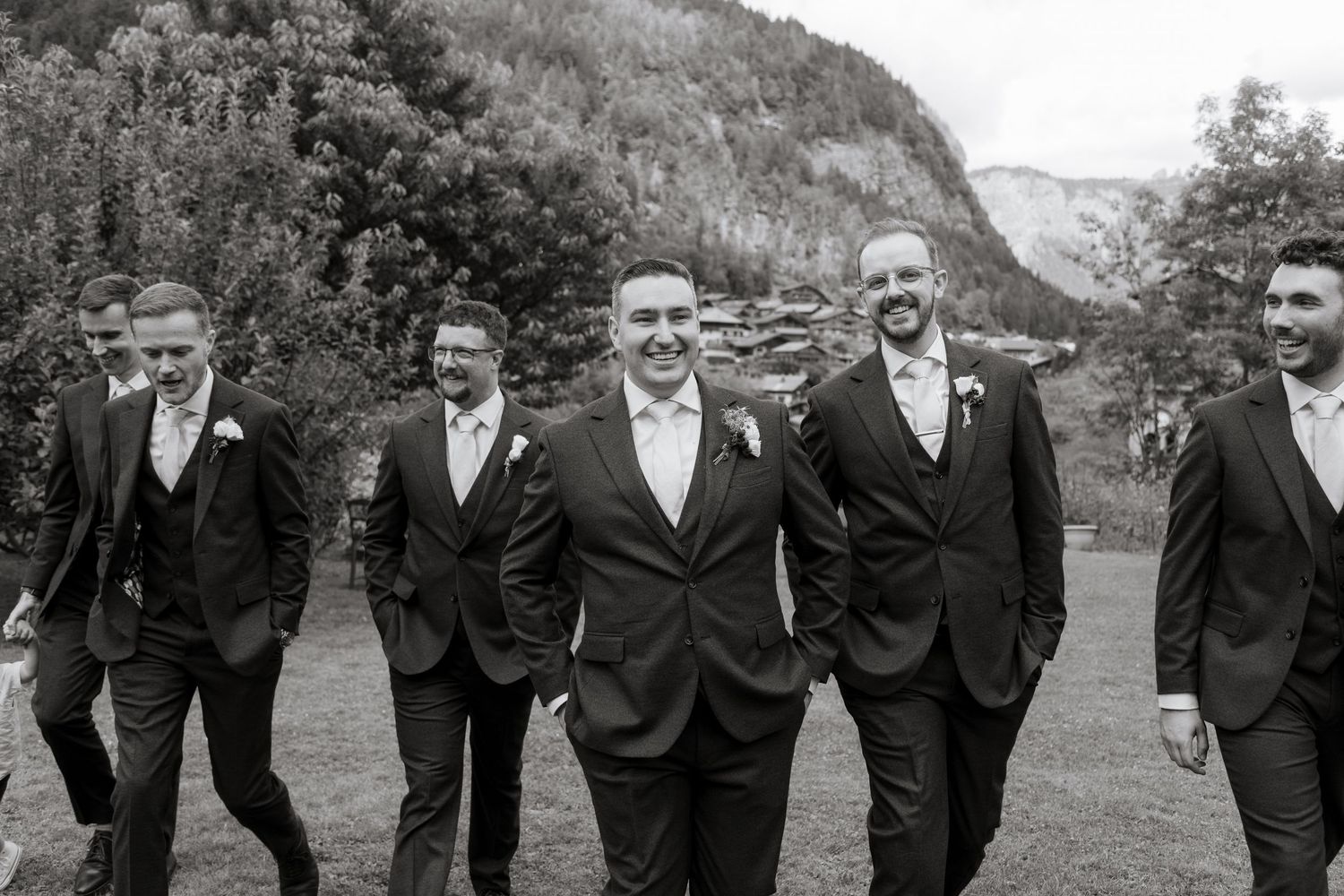 Morzine Wedding photographer captures groom, groomsmen and real emotions in Morzine Wedding Venue. Candid,timeless documentary style photos