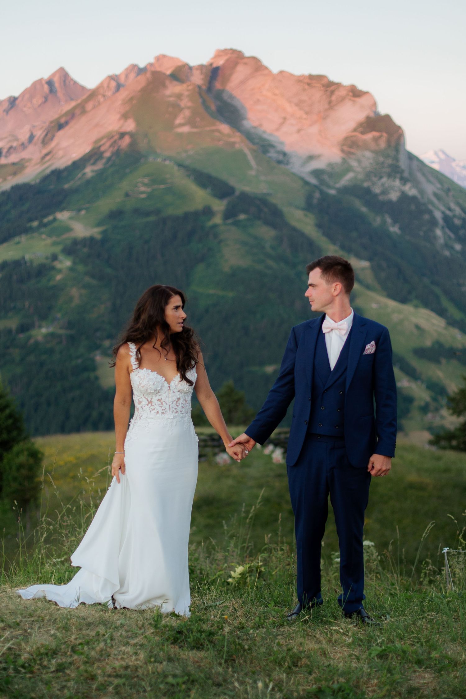 Wedding Photographer captures epic sunset wedding photos in La Clusaz Wedding venue. French Alps, Mountain Wedding photographer, europe.