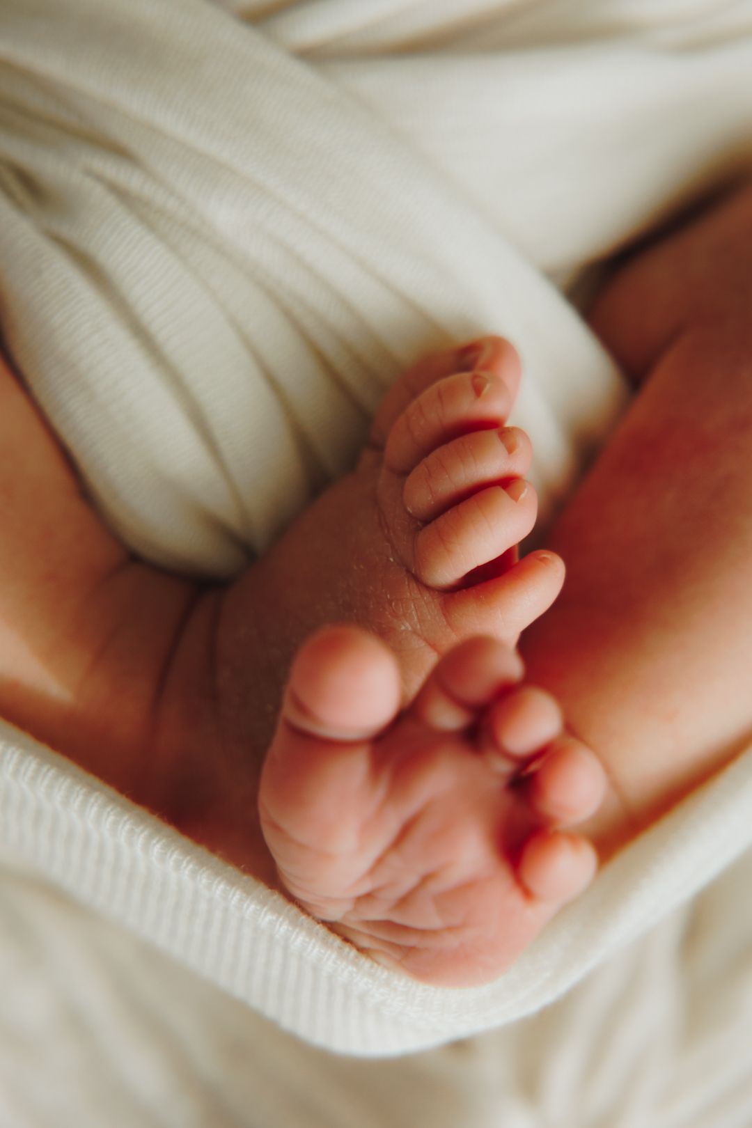 Close-up view of tiny newborn baby feet wrapped in soft white blankets showing delicate toes.