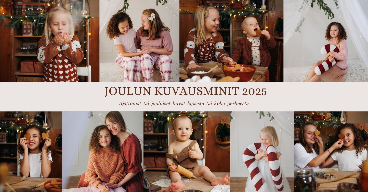 A collage of nine cozy Christmas-themed photoshoot scenes with festive decorations and red and white color scheme.