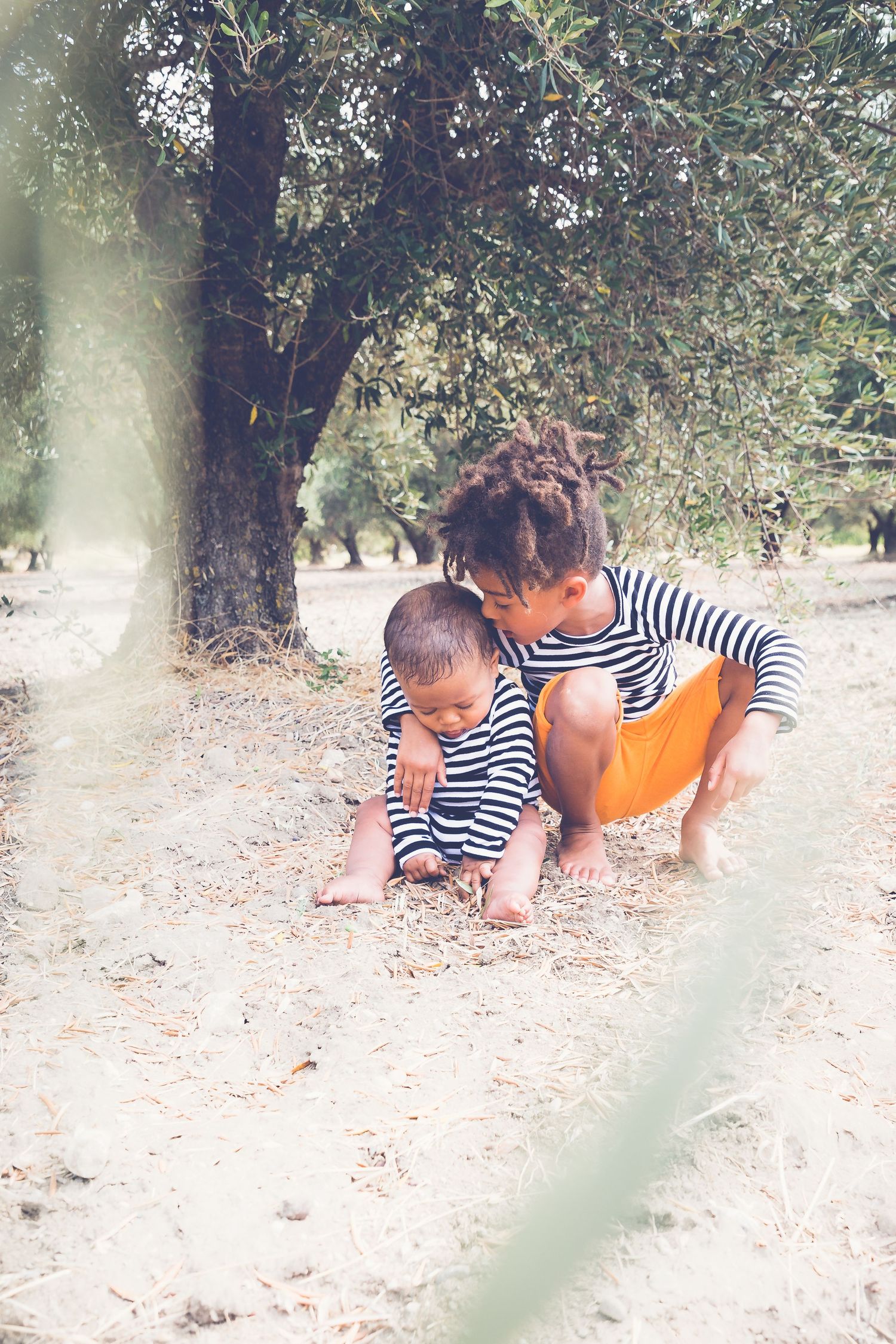 A woman and toddler in matching striped shirts explore the ground beneath olive trees outdoors.