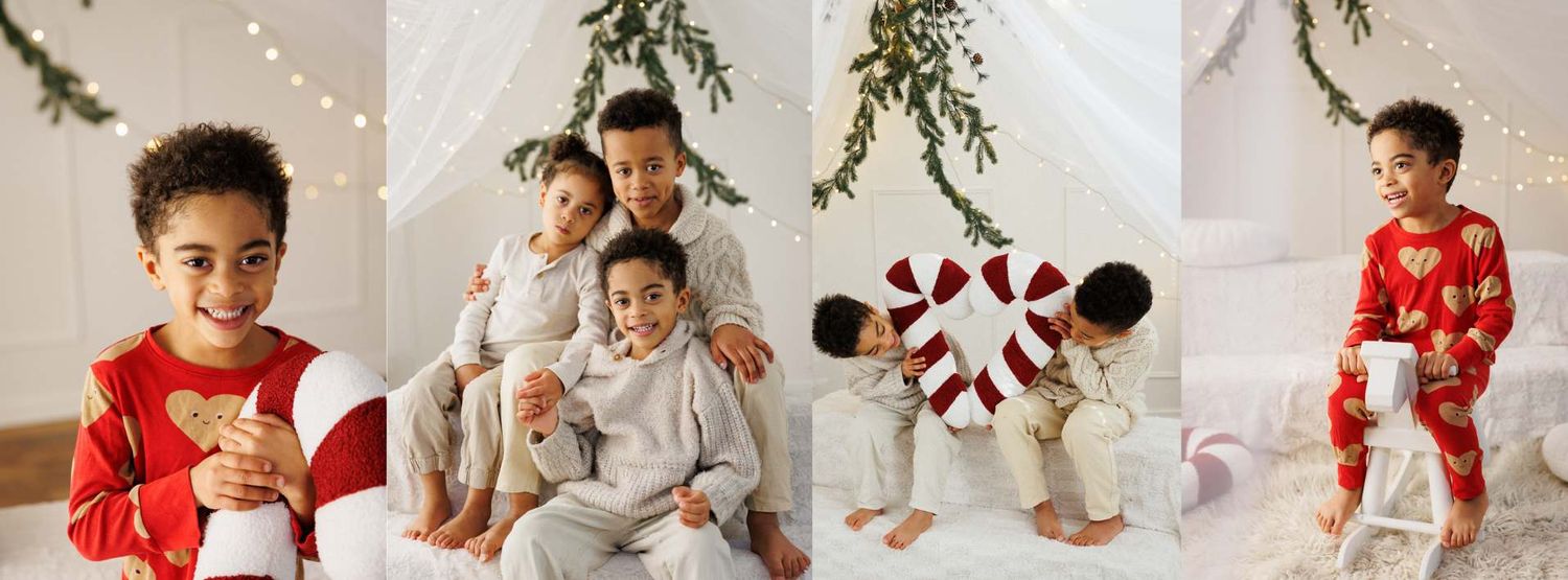 A festive holiday photo collage showing children in red and white outfits sitting and playing with Christmas decorations.