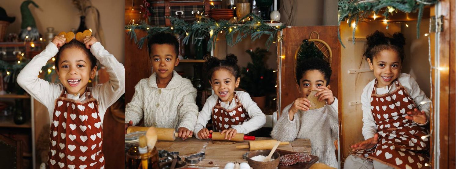 Family enjoying holiday baking activities together in cozy kitchen with festive Christmas lights and decorations.