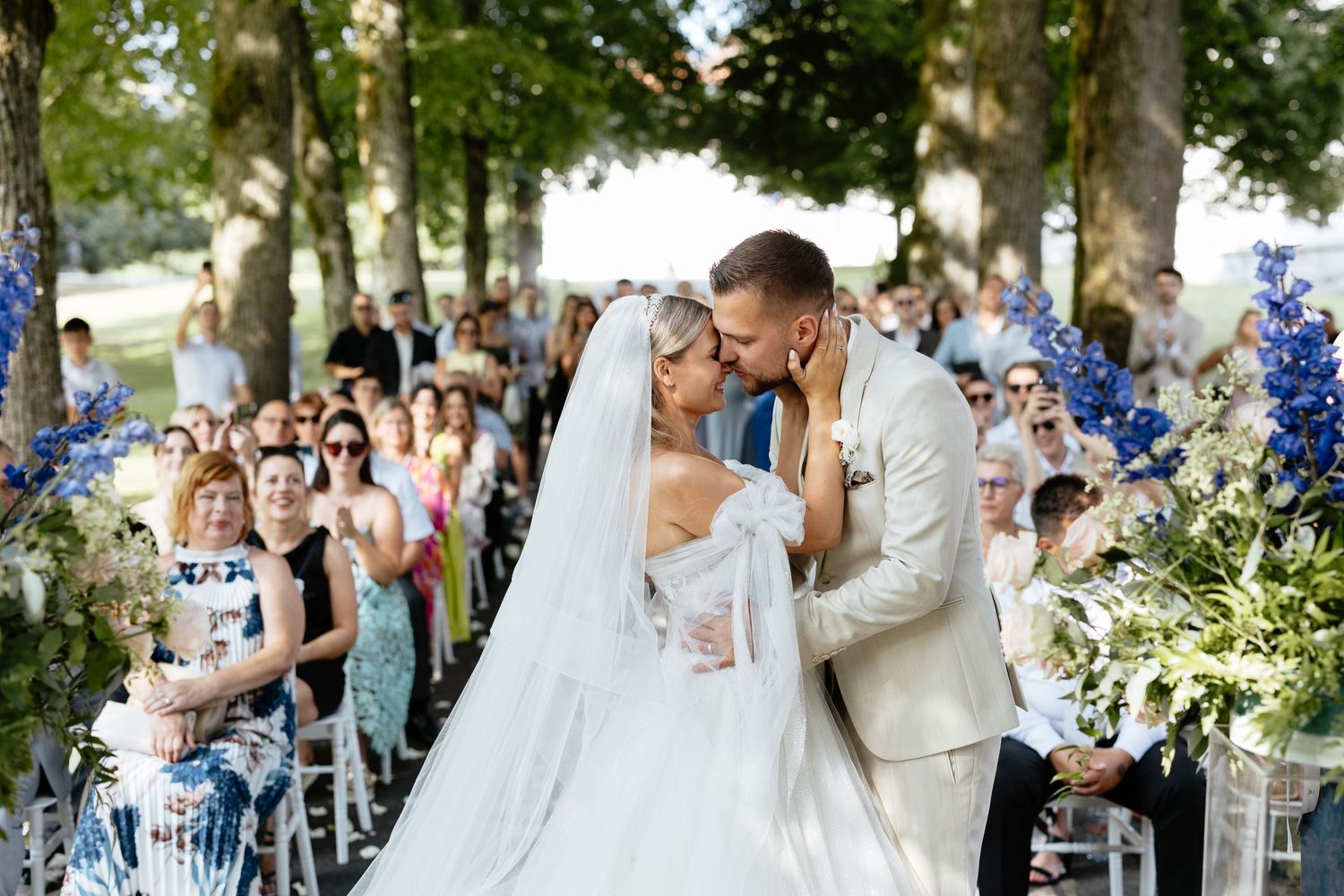 A wedding celebration sequence showing outdoor ceremony and reception moments in a garden setting with floral decor.