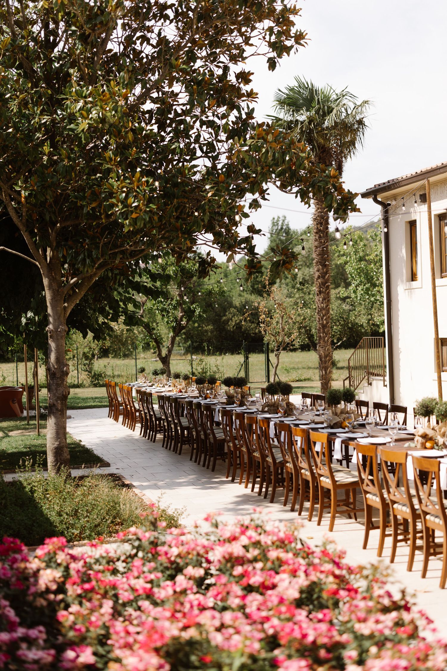 Long rustic dining table set outdoors with wooden chairs under trees and pink flowers blooming in the foreground.