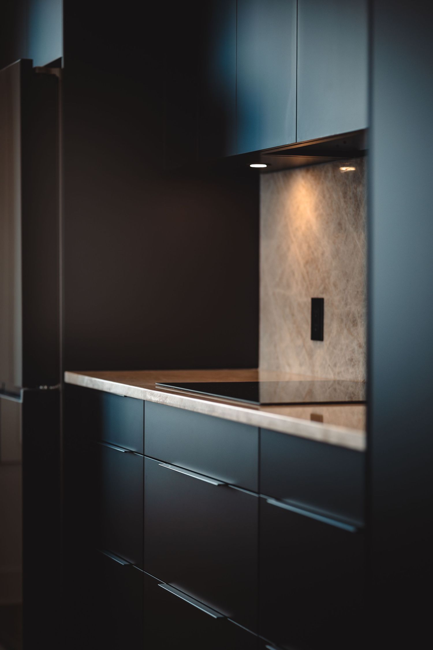 Sleek black modern kitchen cabinets with integrated lighting and minimalist hardware design.