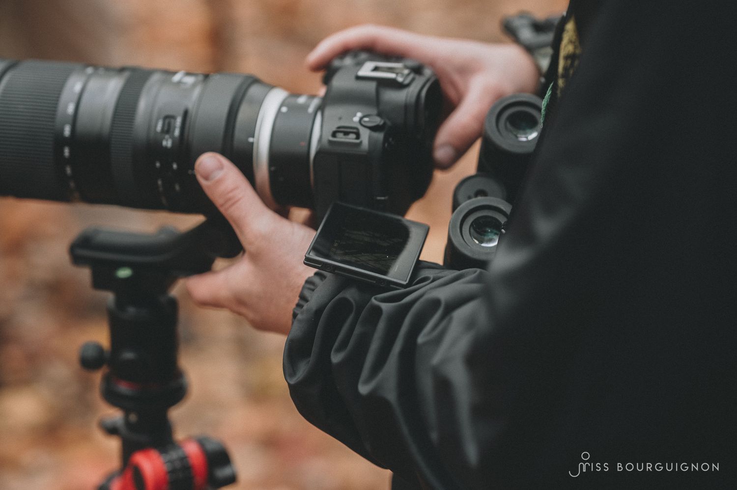 Close-up of professional camera lenses and photography equipment in action.