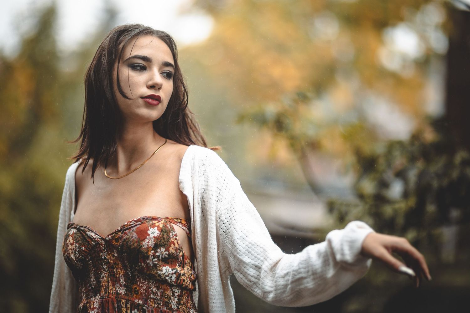 Autumn outdoor fashion photography with warm fall colors.