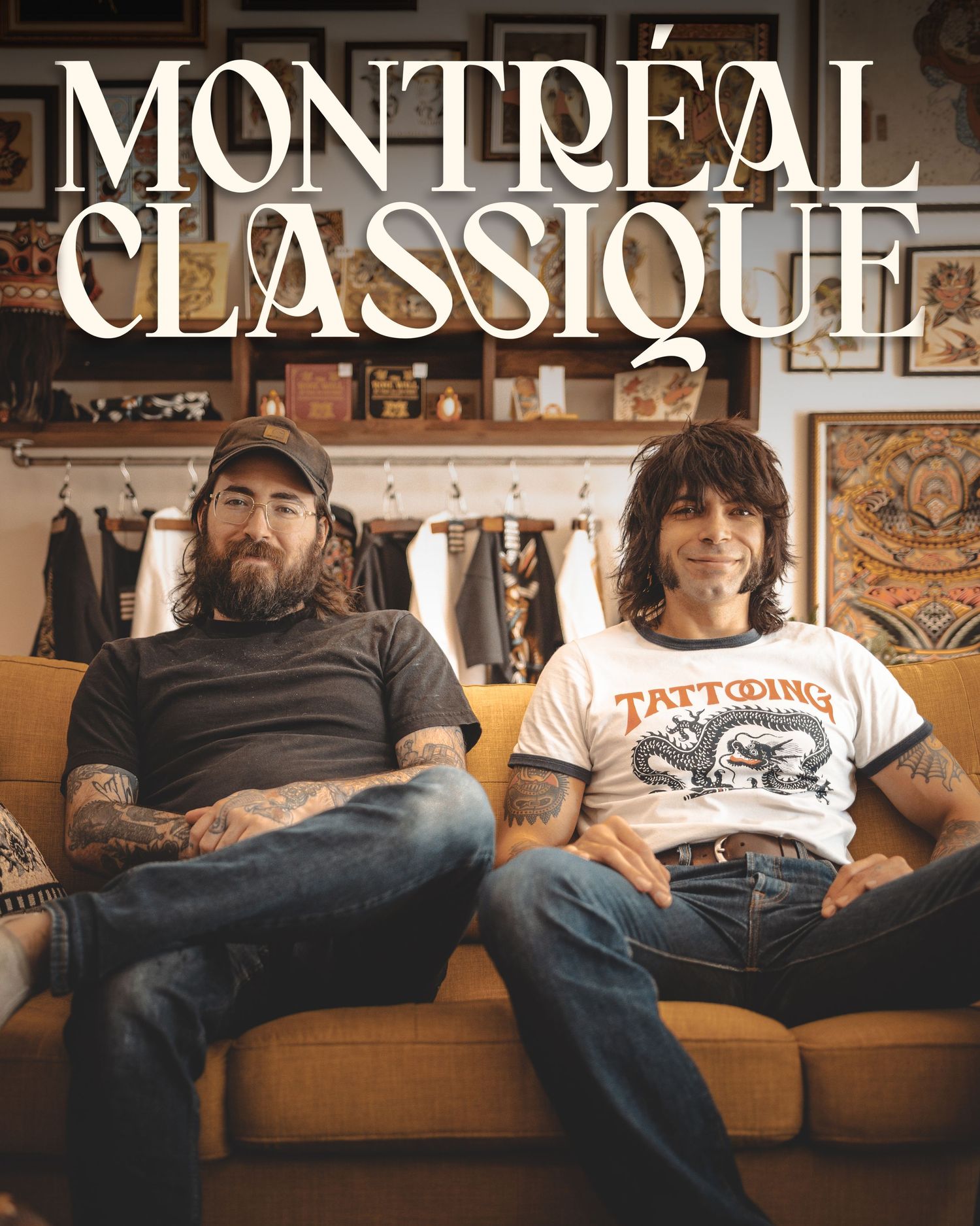 Group of tattoo artists sitting casually on a brown couch with Montreal Classique text overlay.