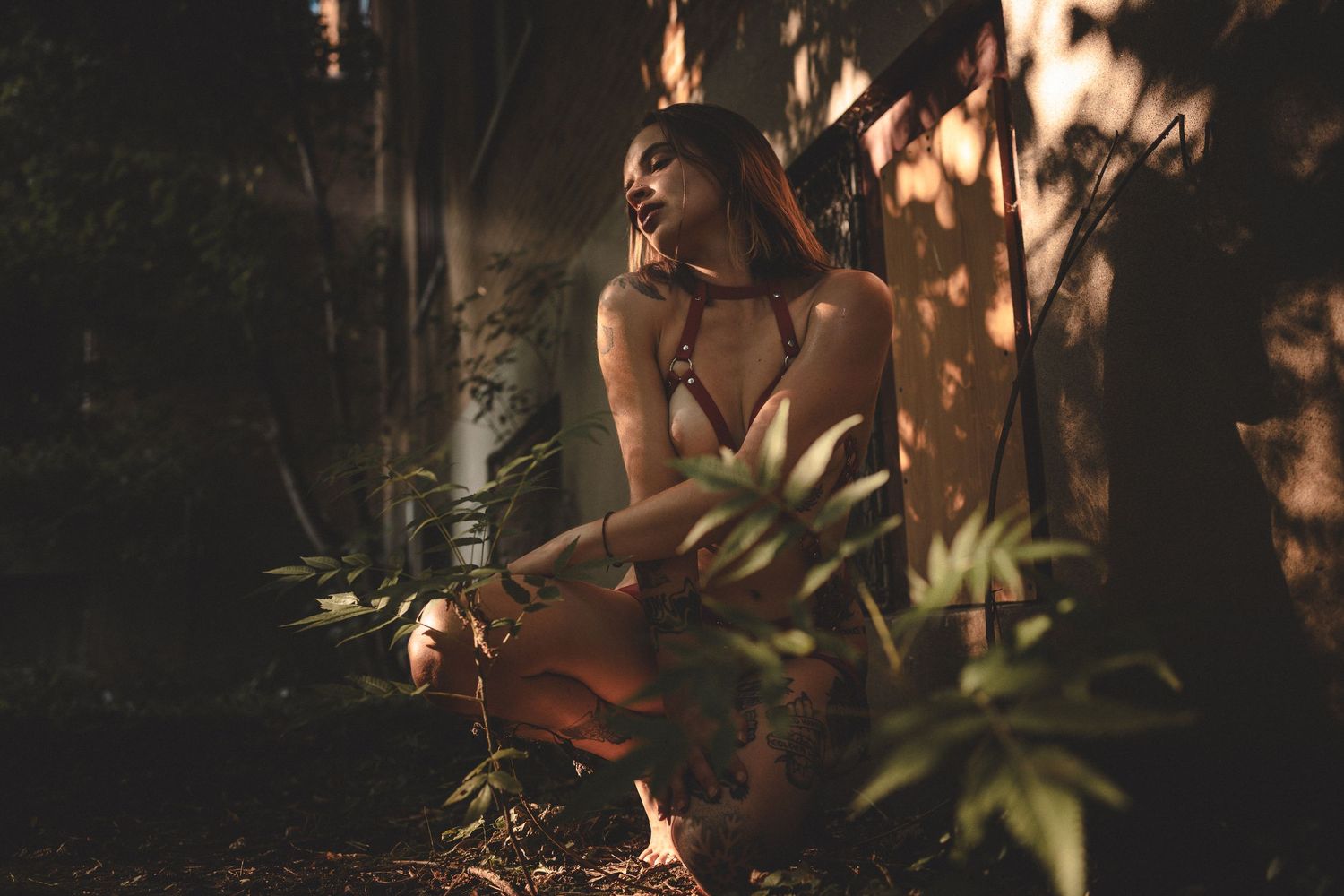 Artistic boudoir photo with dramatic lighting and fern shadows creating a moody atmosphere.