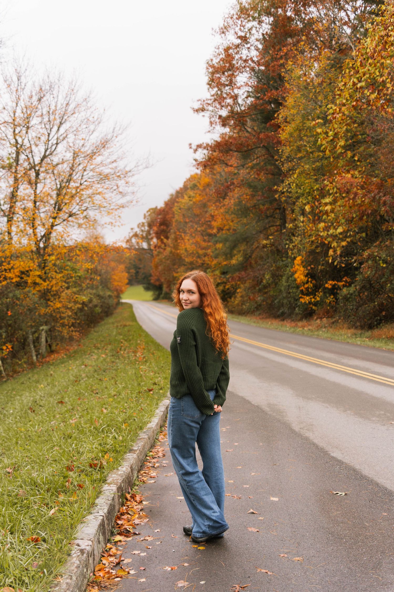 fall landscape girl looking back