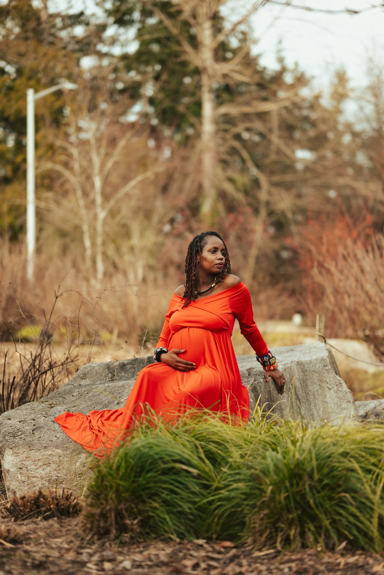 A person in a vibrant orange dress poses gracefully on rocks near ornamental grass.