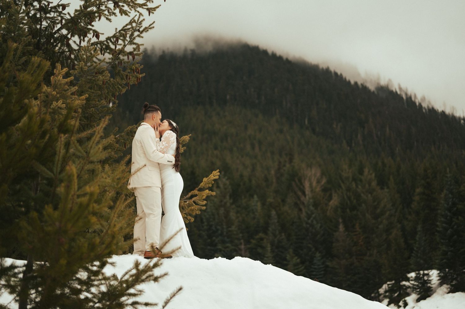 Scenic mountain wedding portraits with misty evergreen forest backdrop.