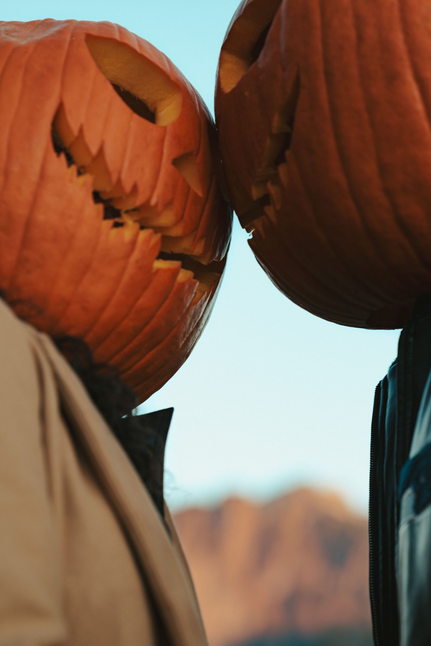 Close-up of carved pumpkin decorations silhouetted at sunset, creating an eerie Halloween scene.
