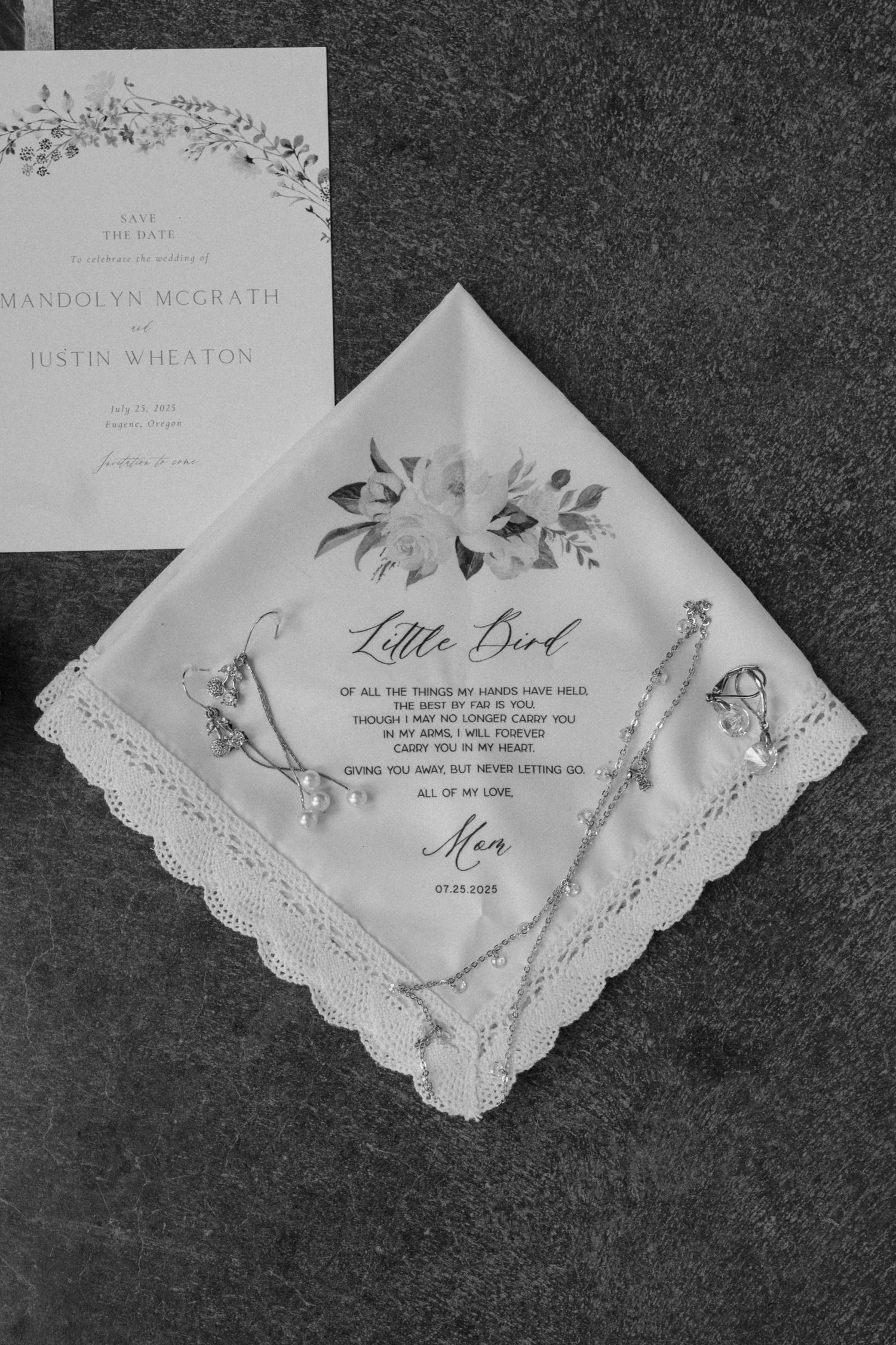 Elegant white lace handkerchiefs with delicate floral designs and calligraphy text arranged on dark background.