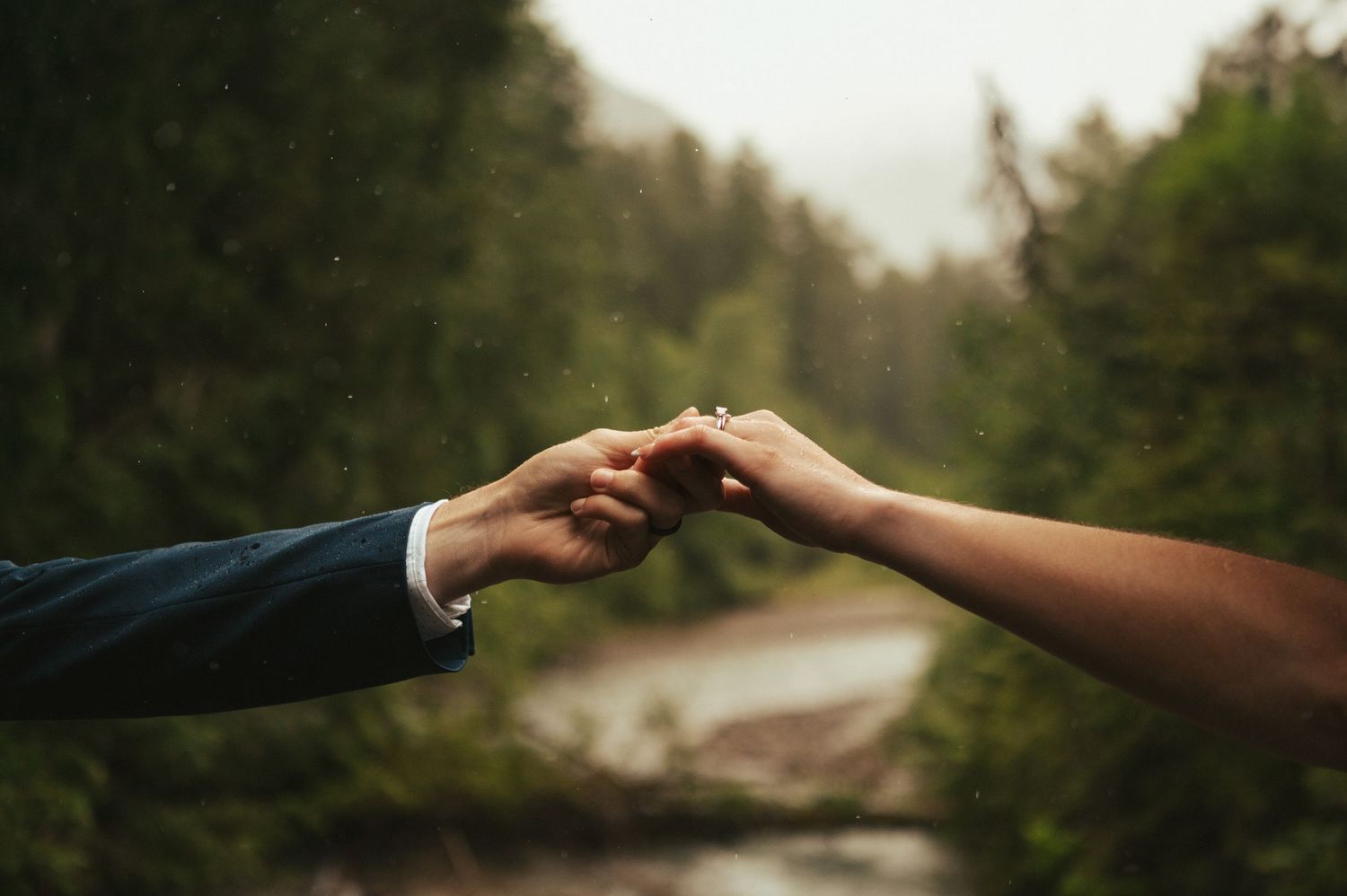 Two hands reach out to touch each other against a blurred natural background.