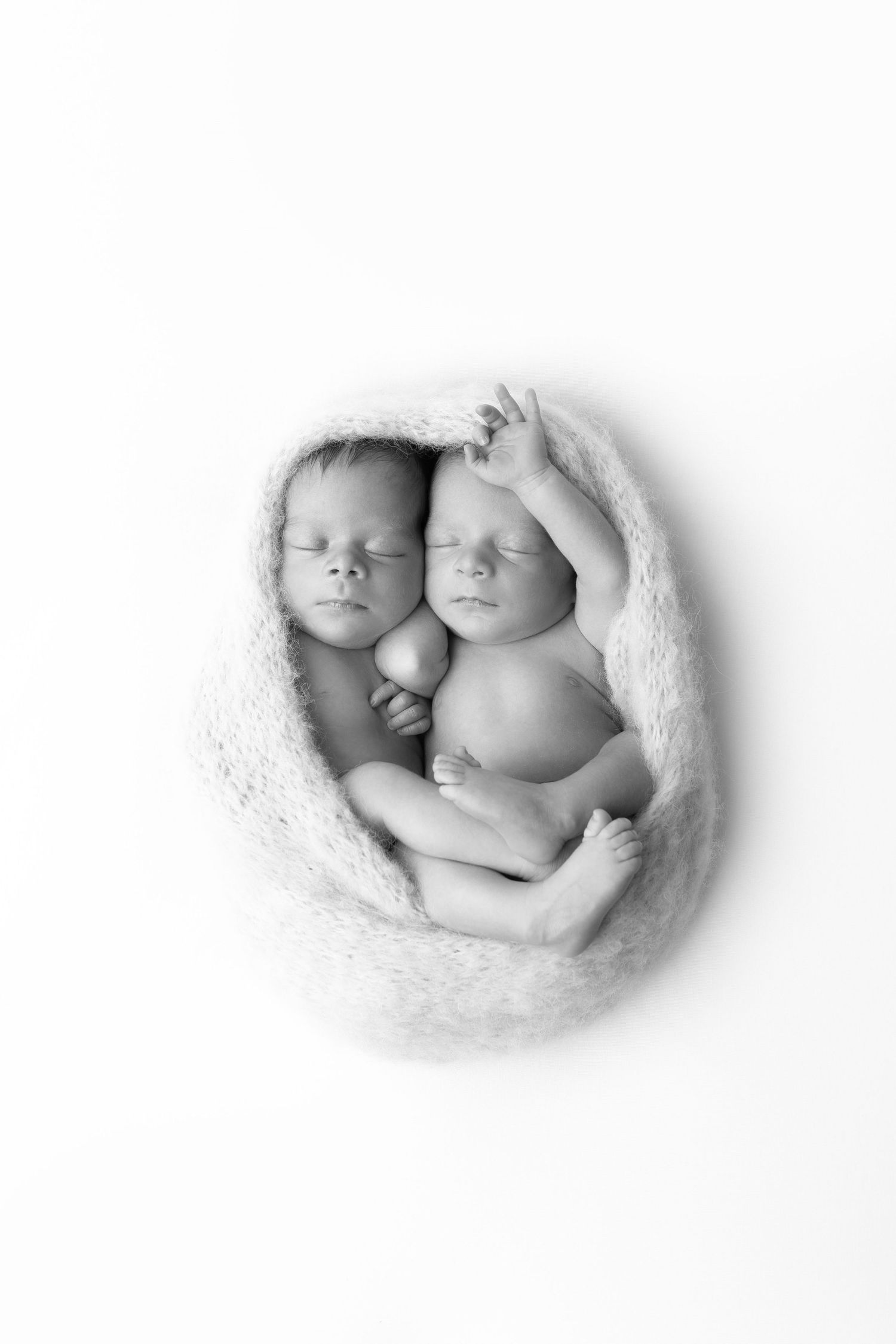 Two sleeping newborn twins cuddled together wrapped in a soft white blanket, black and white photo.