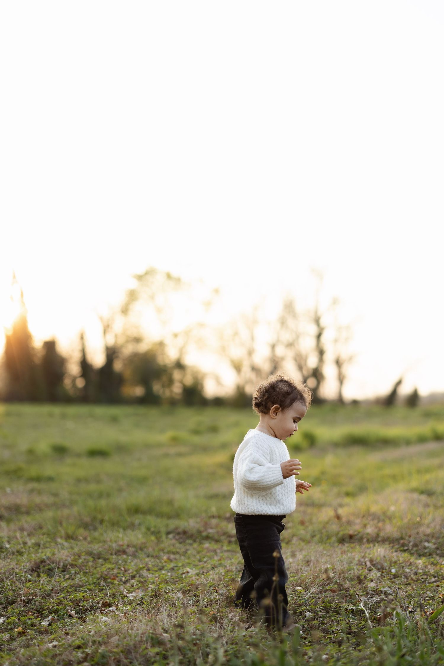 Toddler in white sweater and dark pants standing in a green field at golden hour sunset.