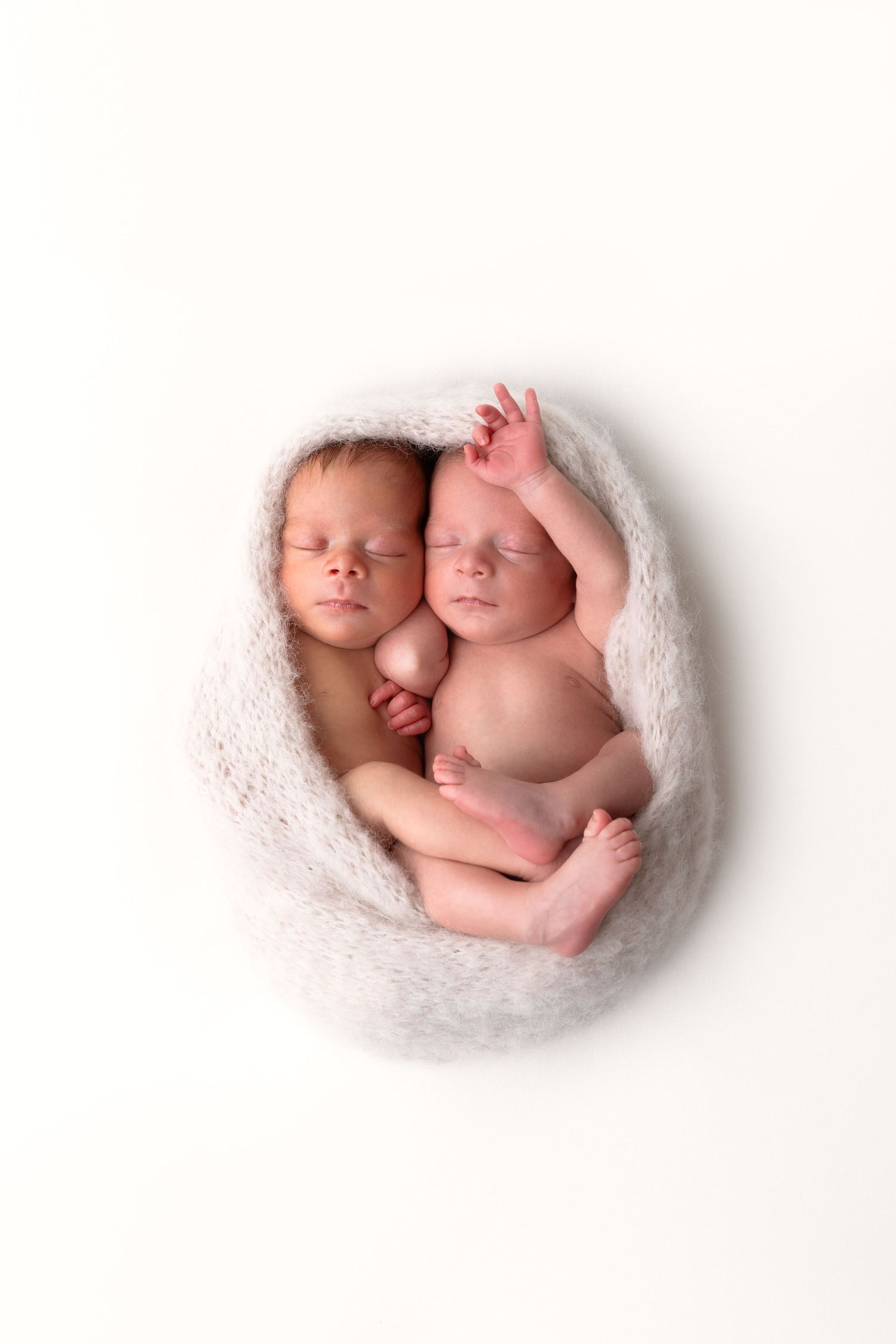 Two newborn twins sleeping snuggled together wrapped in a soft white fluffy blanket. photographe naissance chavanoz lyon