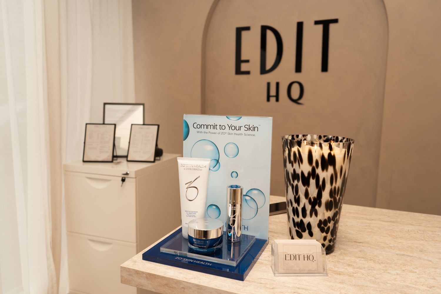 Product images in reception, Edit HQ, Aesthetics and Skin Clinic in Kirkcaldy.