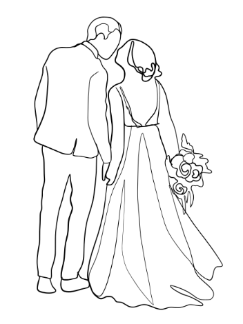 A line drawing of a bride and groom, facing away but holding hands and kissing.
