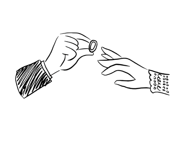 line drawing of groom placing ring on bride's hand.