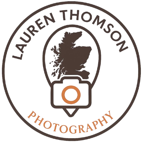 Lauren Thomson Photography Logo, with camera, 'pin' and map of Scotland.