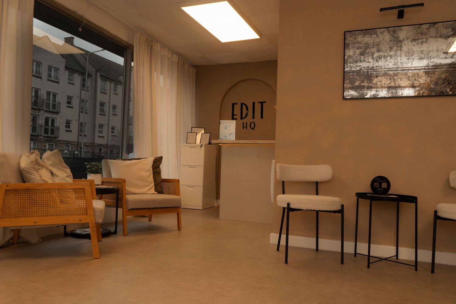 Welcome seating area and front desk, Edit HQ, Aesthetics and Skin Clinic in Kirkcaldy.