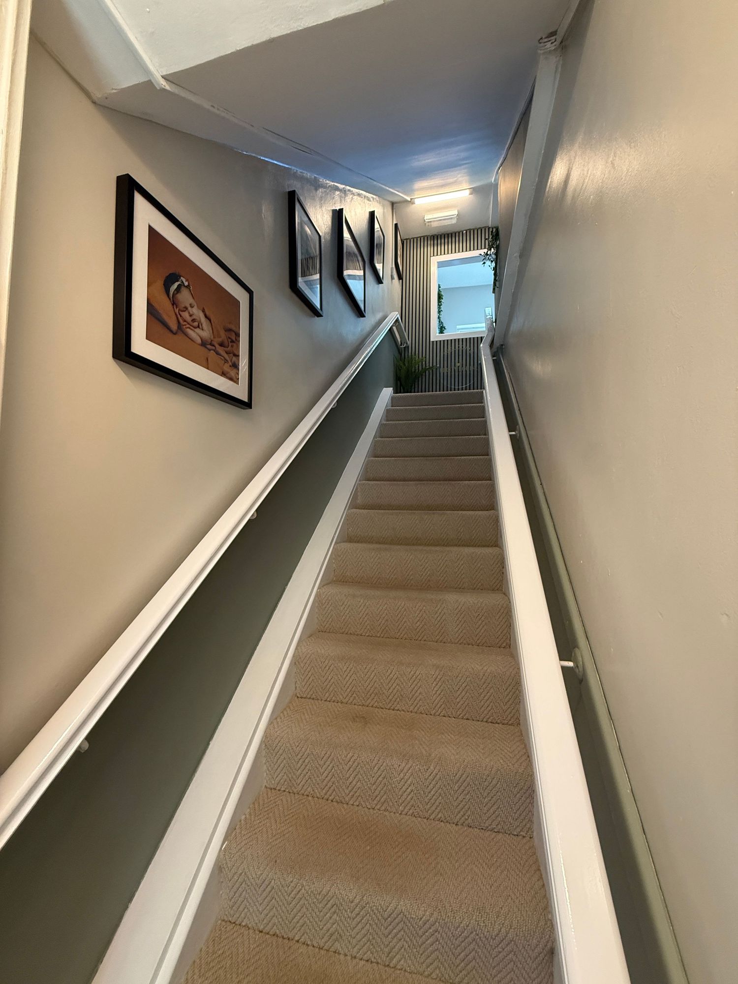 Narrow carpeted staircase with white railings, sage green walls, and framed artwork leading to a bright upper landing.
