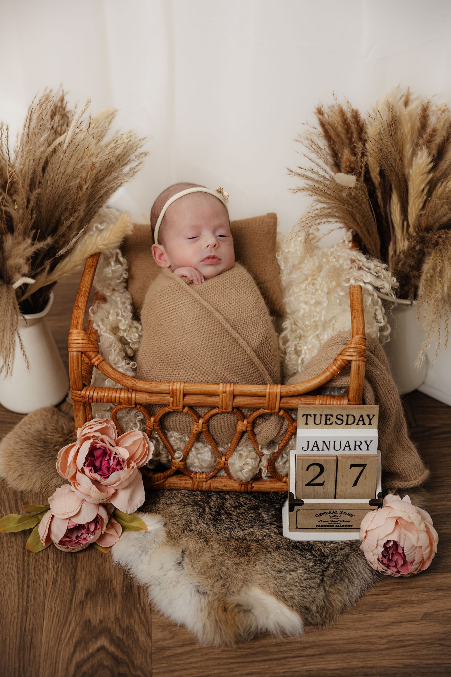 Newborn baby swaddled in brown wrap sleeping in wicker bed with floral decor and January 27 date blocks.