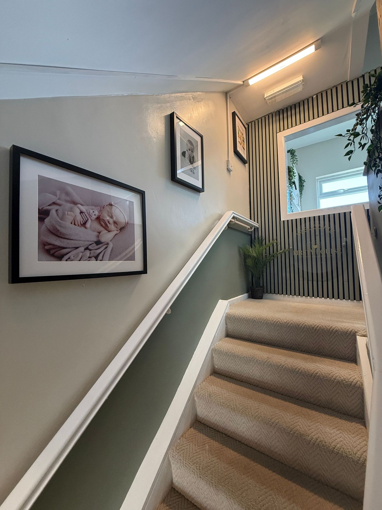 Carpeted staircase with white handrail, sage green walls, framed artwork, and decorative mirror with plant at top.