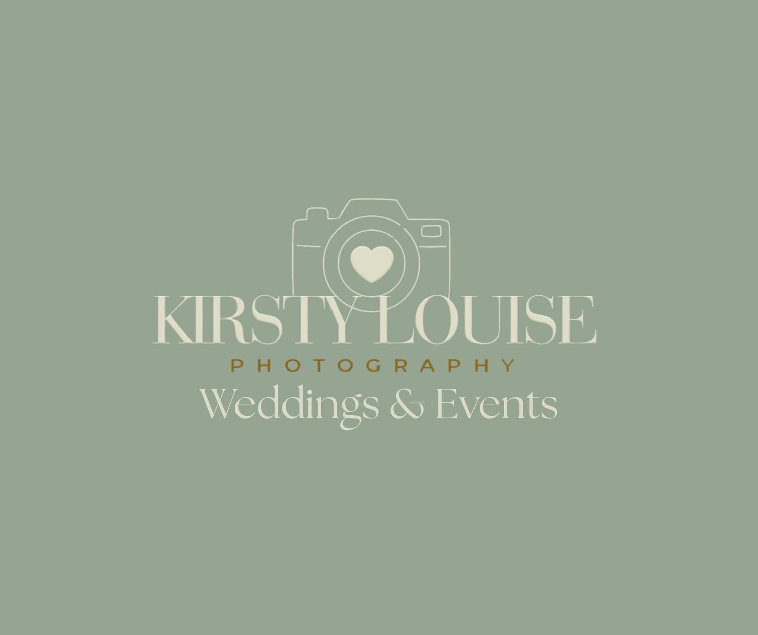 Kirsty Louise Photography logo featuring a camera with a heart, specializing in Weddings and Events on sage green background.