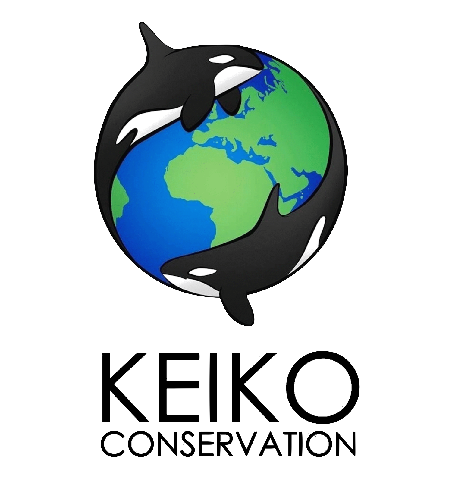 Logo design featuring an orca whale wrapped around Earth with text 'KEIKO CONSERVATION' underneath.