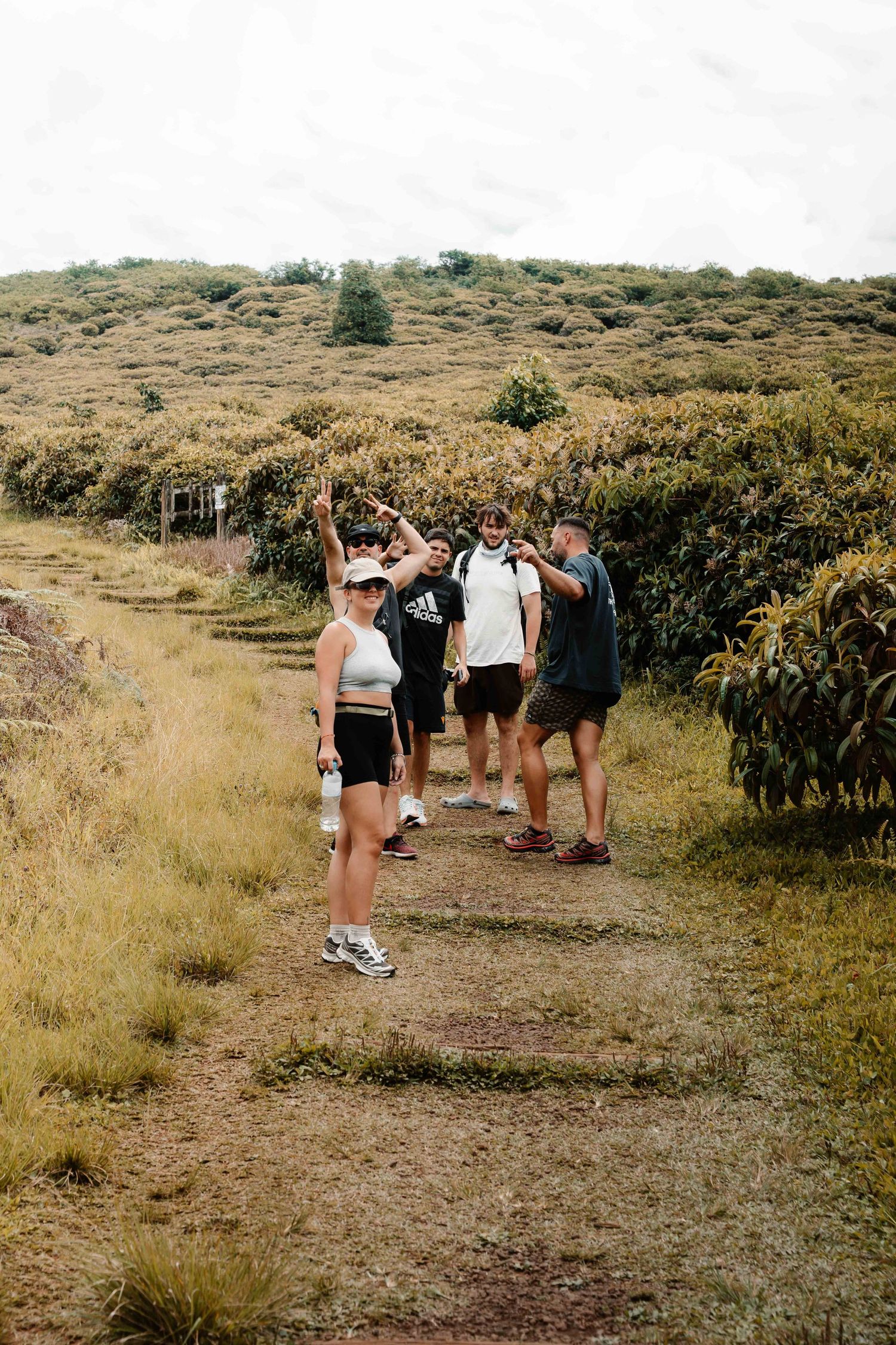 A group of hikers walking along a dirt trail through brush-covered hills on a sunny day.