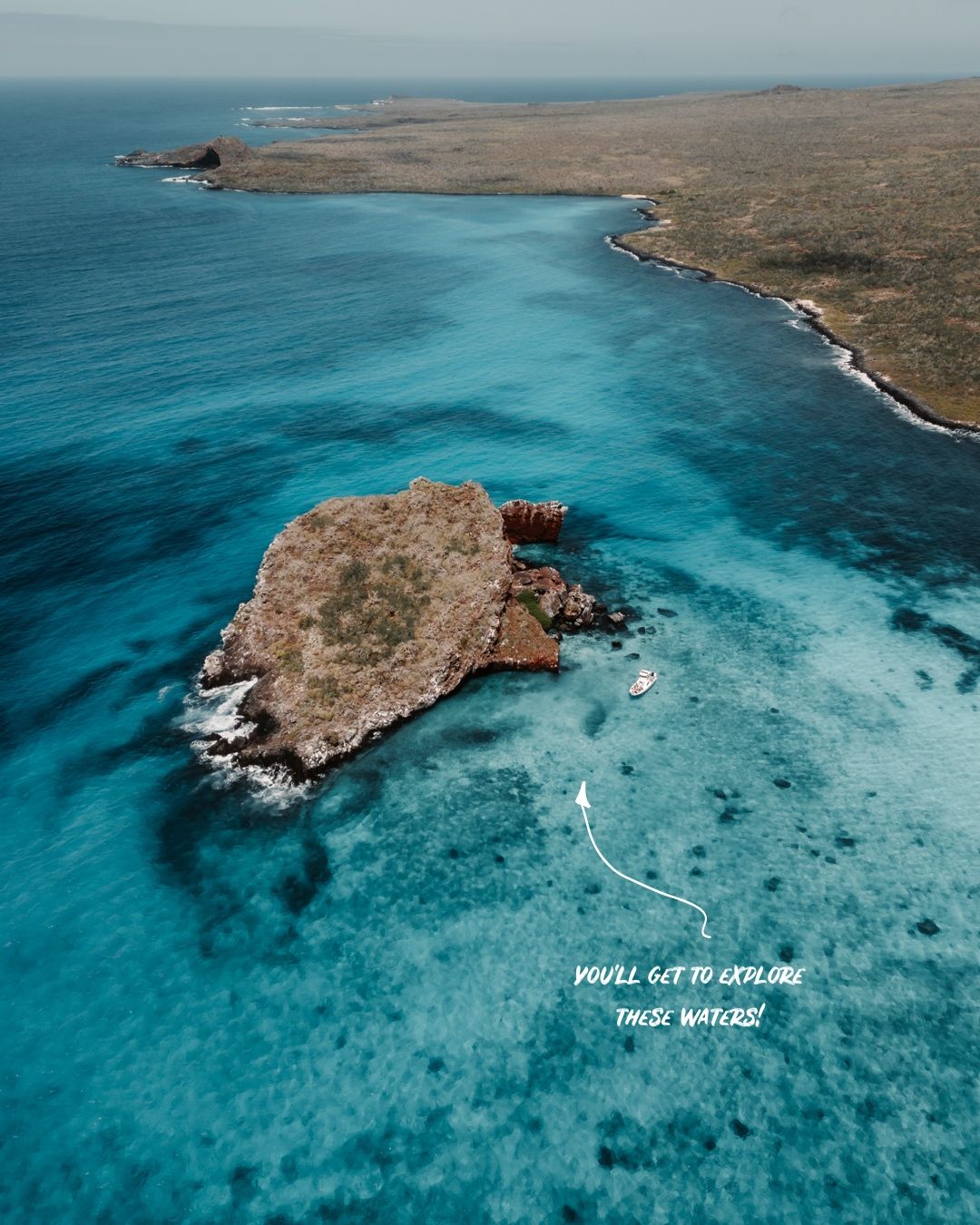 Aerial view of turquoise waters and rugged coastline with text overlay.