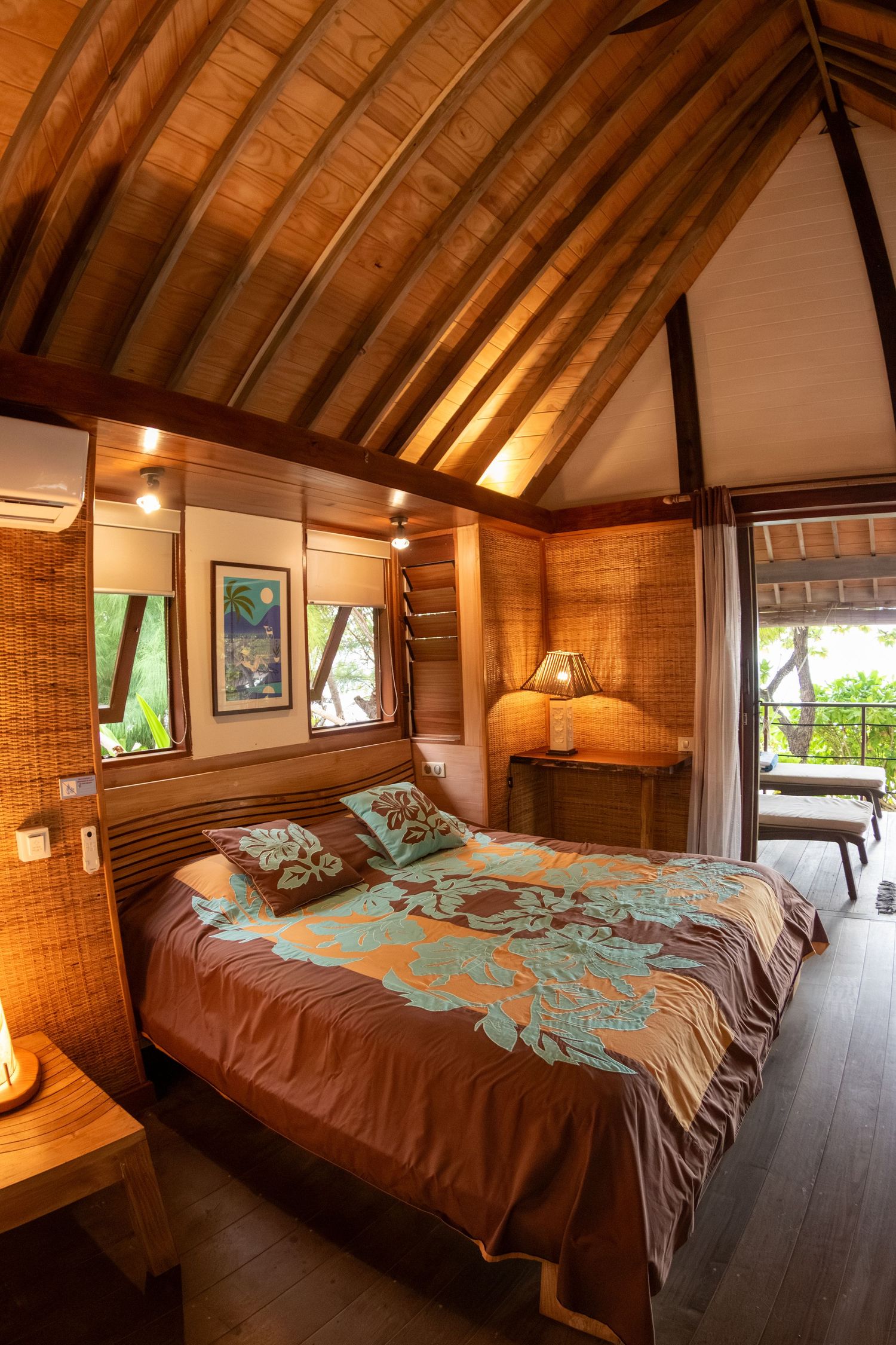 Rustic wooden treehouse interior with brown and turquoise bedding shown from multiple angles in warm lighting.