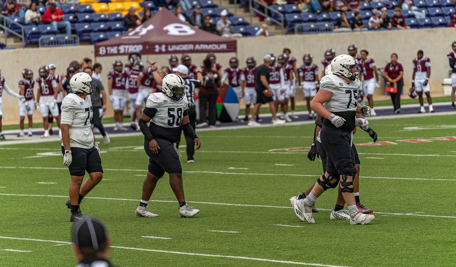 Football players compete on field during game with stadium crowd visible in background.