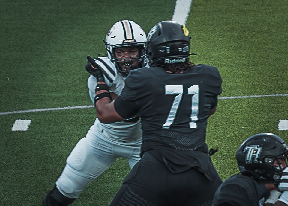 Football players in black and white uniforms line up on a green field during a game.