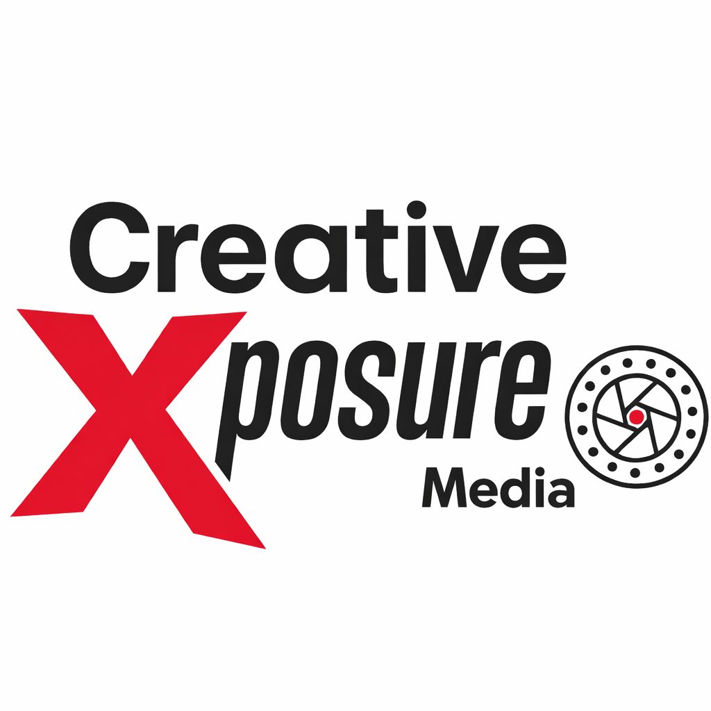 Creative Xposure Media logo design featuring red X and camera lens icon in black and white color scheme.