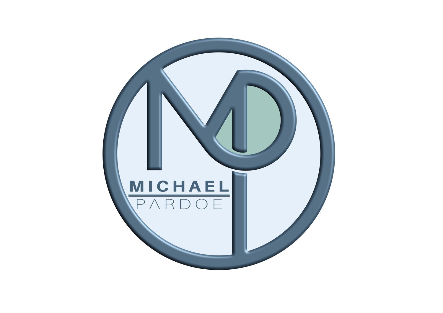 A circular logo design featuring initials 'MD' in metallic blue and gray tones with text 'MICHAEL' beneath.