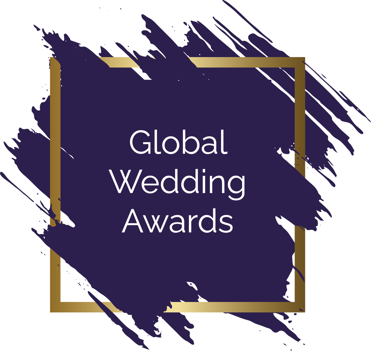 Three gold-framed purple gradient banner sections displaying text for Global, Wedding, and Awards categories.