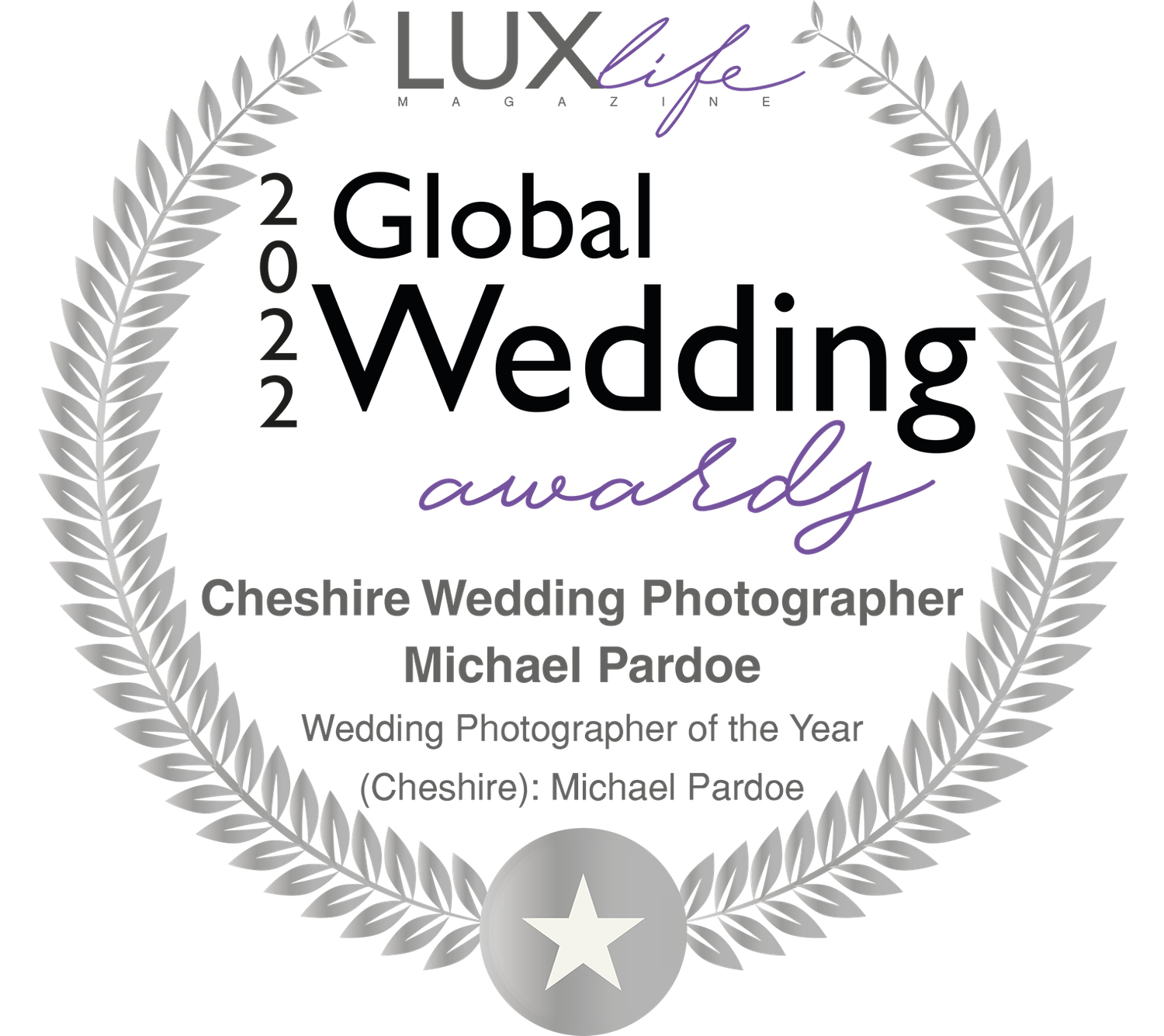 A 2022 Lux Life Global Wedding Awards silver medallion for Cheshire Wedding Photographer of the Year achievement.