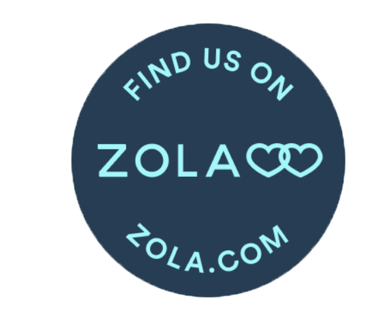 Round navy blue badge with Zola.com wedding website branding in light blue.