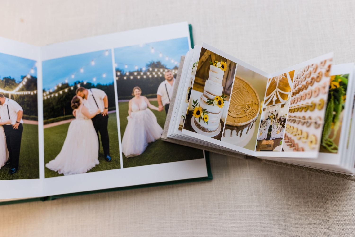 Wedding photo album showing outdoor ceremony images and elegant reception details spread across pages.